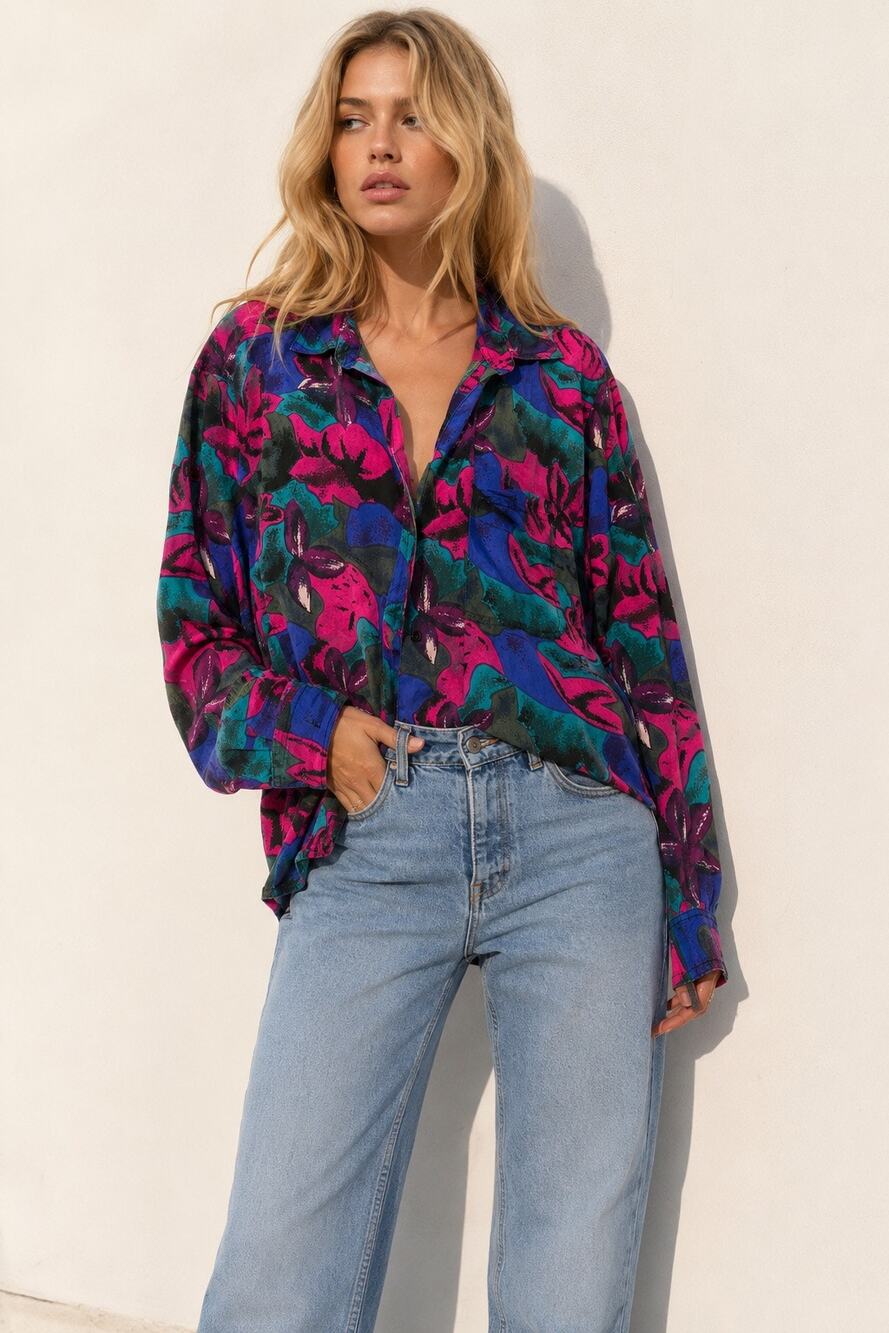 Vintage 90s Joule Energy 100% Silk Floral Button Down Shirt Abstract Print M